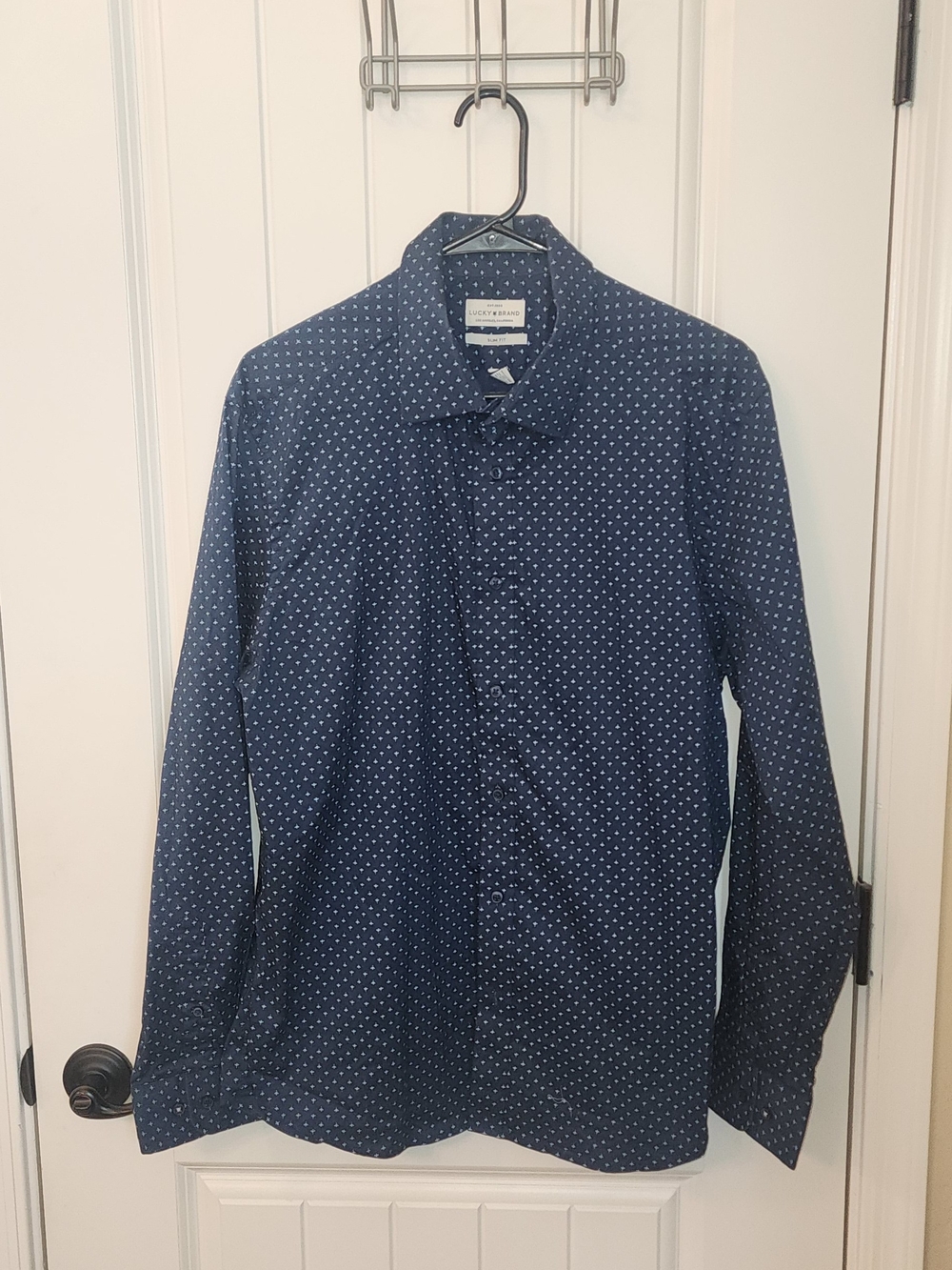 Lucky Brand Slim Fit Long Sleeve Button Down Shirt Navy Patterned L 16-16.5